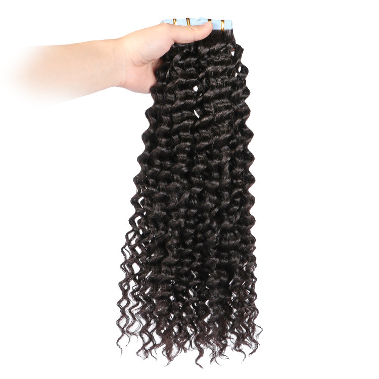 Premium #1B Natural Black Deep Curly Tape In Hair Extensions | 100% Peach Epimetheus