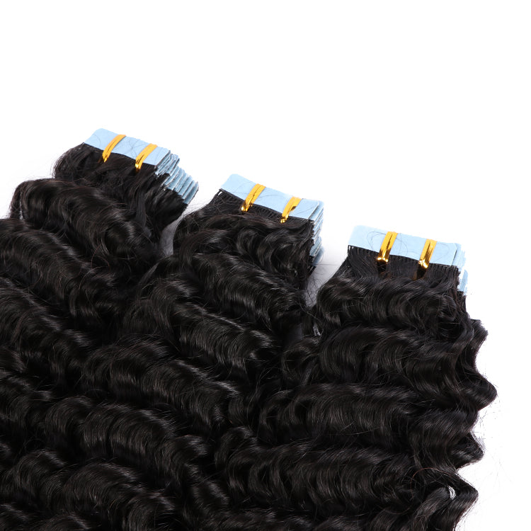 Premium #1B Natural Black Deep Curly Tape In Hair Extensions | 100% Peach Epimetheus