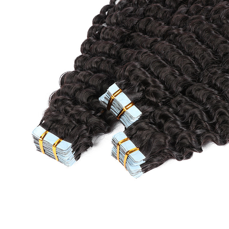 Premium #1B Natural Black Deep Curly Tape In Hair Extensions | 100% Peach Epimetheus