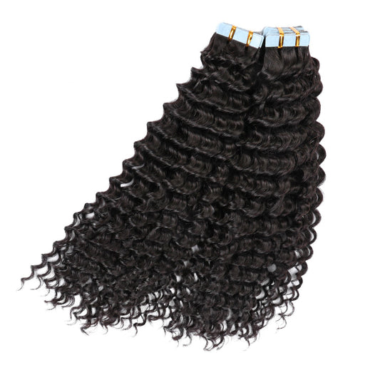 Premium #1B Natural Black Deep Curly Tape In Hair Extensions | 100% Peach Epimetheus