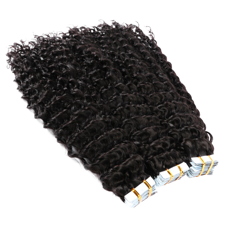 Premium #1B Natural Black Deep Curly Tape In Hair Extensions | 100% Peach Epimetheus