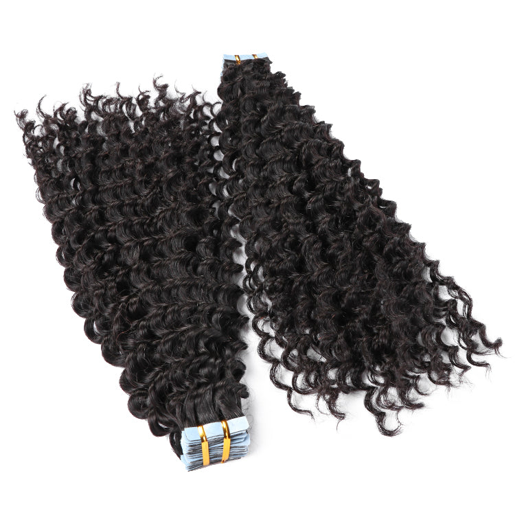 Premium #1B Natural Black Deep Curly Tape In Hair Extensions | 100% Peach Epimetheus
