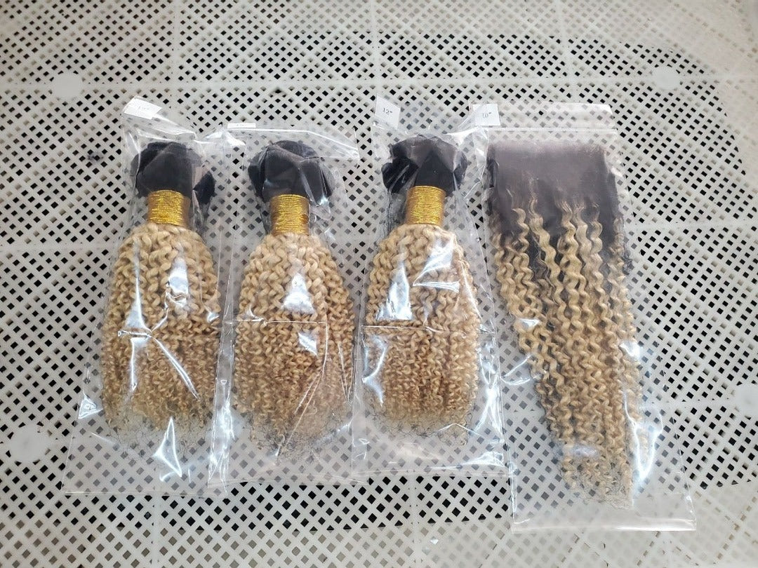 Blonde Kinky Curly #1B/613 Human Hair BUNDLES with CLOSURES & FRONTALS Cerise Alfie