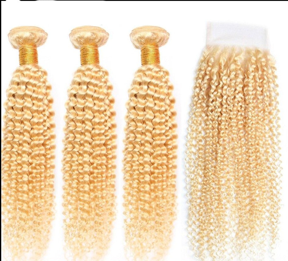 Blonde Kinky Curly #1B/613 Human Hair BUNDLES with CLOSURES & FRONTALS Cerise Alfie